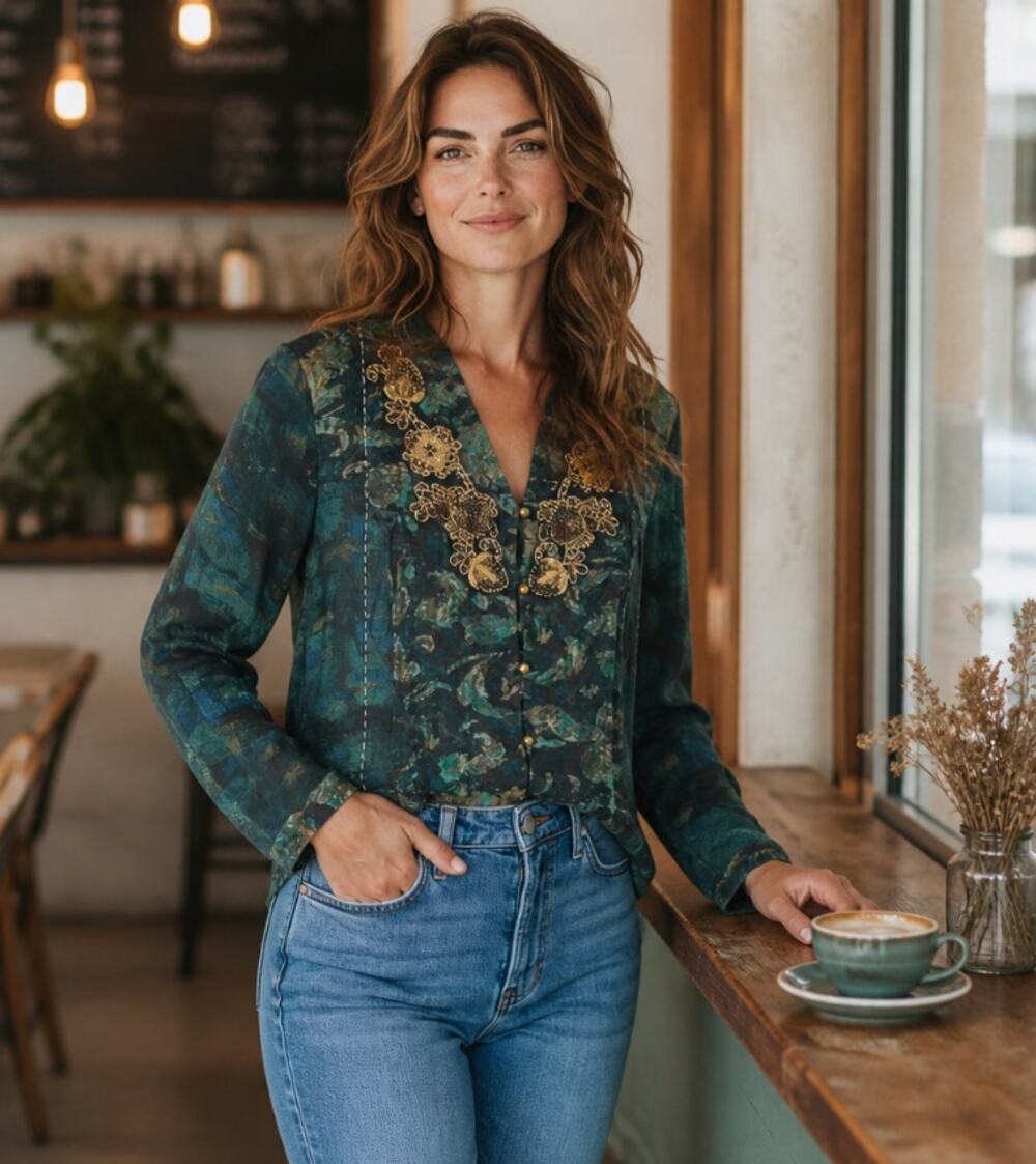 SOFT SURROUNDINGS DEL BOSQUE TUNIC TOP PETITE LARGE EMBROIDERED BEADED TEAL
